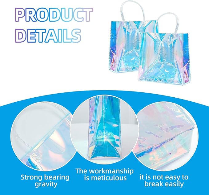 Vankcp 16 PCS Mini Party Favor Bags, 5.9×6.3inch Clear PVC Gift Bags with Handles, Iridescent Clear Bags, Holographic Gifts Bag for Birthday Weddings Party Favors Gifts