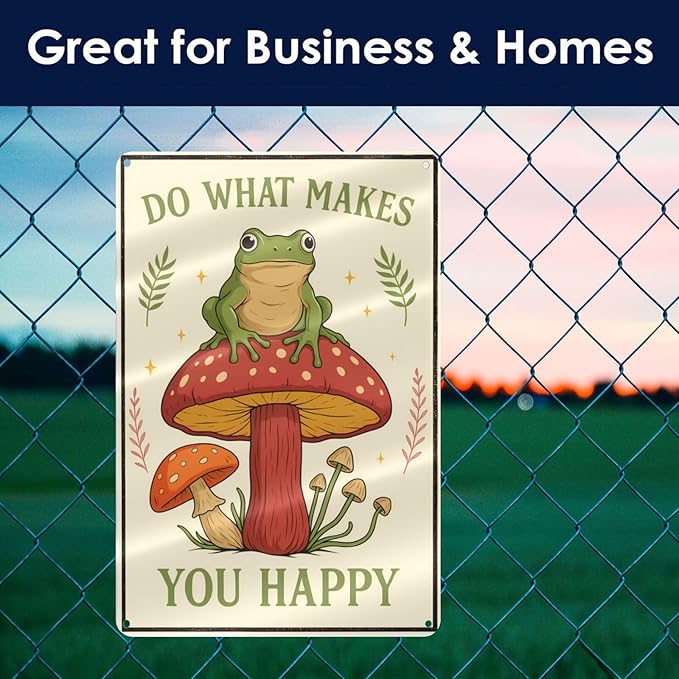 Funny Frog on Mushroom Metal Sign - Cute Cottagecore Forest Wall Decor for Bathroom, Kitchen, Bedroom or Patio - Whimsical 12" x 8" Tin Sign