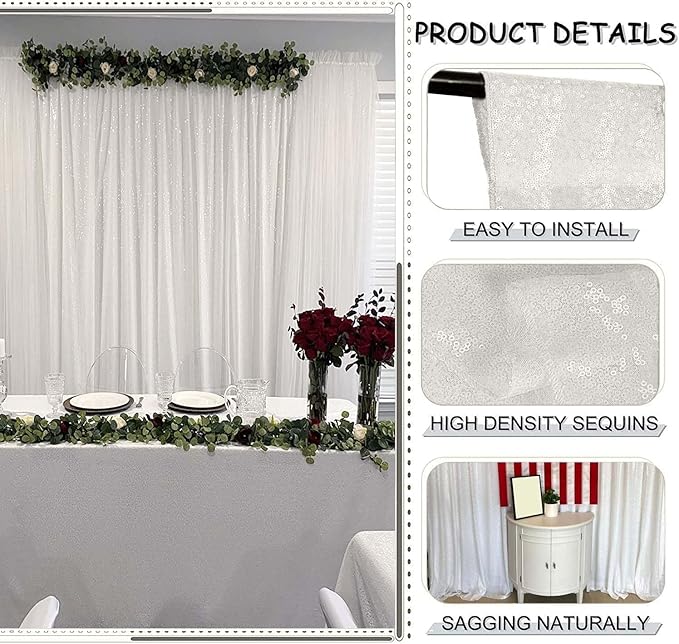 White Sequin Backdrop 2FTx8FT 4 Panels Curtains Party Curtains Sparkle Glitter for Birthday Wedding