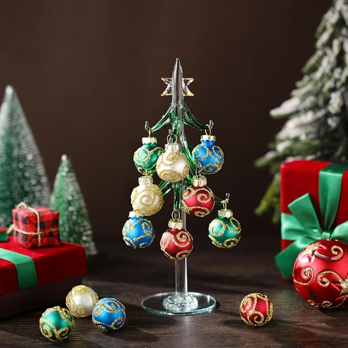 Glass Christmas Tree with 12 Ornament Glitter Balls Tabletop Wine Glass Charms Miniature Christmas Tree Gift for Xmas Holiday Party Novelty Season Home Decor, 7.7 Inch