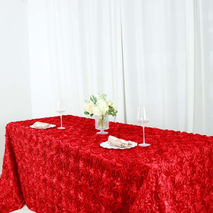 Efavormart 90"x156" Wholesale Rectangle Table Cover RED Grandiose Rosette 3D Satin Tablecloth for Wedding Party Event Decoration