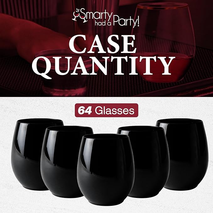 Smarty Had A Party 12 oz Black Disposable Stemless Wine Glasses (64) – Fancy Plastic Cups for Parties & Weddings – Outdoor Cocktail Glasses; Cocktail Glasses Disposable Classy; Unbreakable Glasses