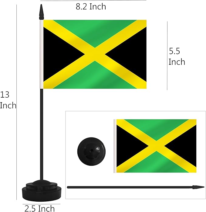 2 Pack Jamaica Desk Flag Set, Jamaican Desktop Small Miniature Table Office Flag with 12" Black Pole and Black Base, Offices, Classroom, Home, Festival Decoration (Jamaica)