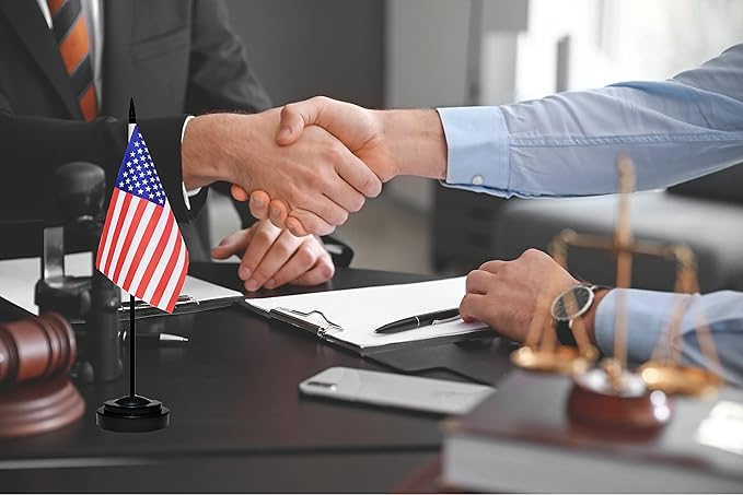 US American Deluxe Desk Table Flag Set Small Mini Miniature USA Table Desktop Flags With Solid Pole, Black Base and Spear Top(2 Pack)