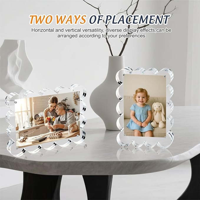 3 Pack 5x7 Inch Magnetic Acrylic Picture Frame,10+10mm Thick Block,Double Sided Clear scalloped frames for Desktop Display | Trendy Home Gift ((3 Pack), 5X7)