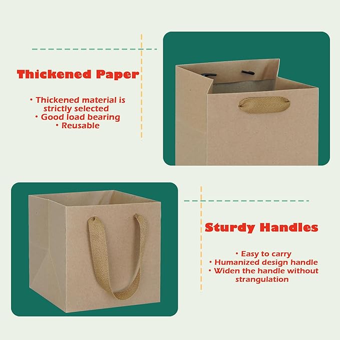 ADIDO EVA Kraft Brown Square Gift Bags Mini Small Size Square Bottom Paper Bags with Handles for Party Favor, Shopping Bag (4x4x4 In, 10 CT)