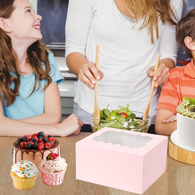 JCD 8Pcs Pink Cake Cupcake Combo Boxes Clear Lid with 2 Cupcake Holes -Clear Window Bento Cake Boxes for Bakery Baking Supplies(Pink 1+2/8Pcs)