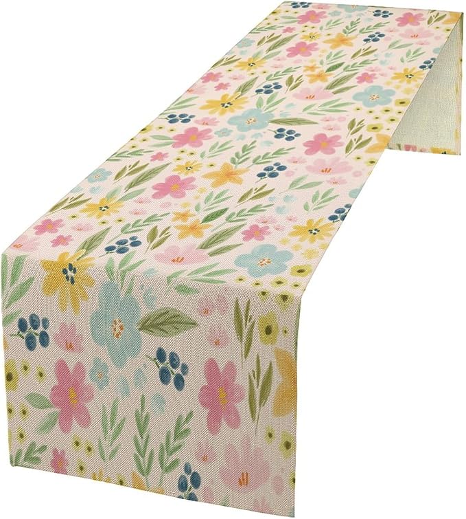 Floral Table Runner, Boho Style Watercolor Flower Green Leaf Plant Rectangle Table Decoration for Dining, Party, Holiday,13in（33cm） W * 72in（184cm） L
