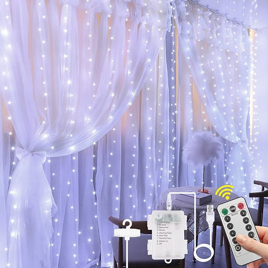 Vicloon Fairy Curtain Lights,300 LED White Curtain Lights,8 Modes 9.8×9.8Ft Waterproof Window Curtain String Light USB&Battery Powered with Remote Control,String Lights Curtain for Indoor,Outdoor