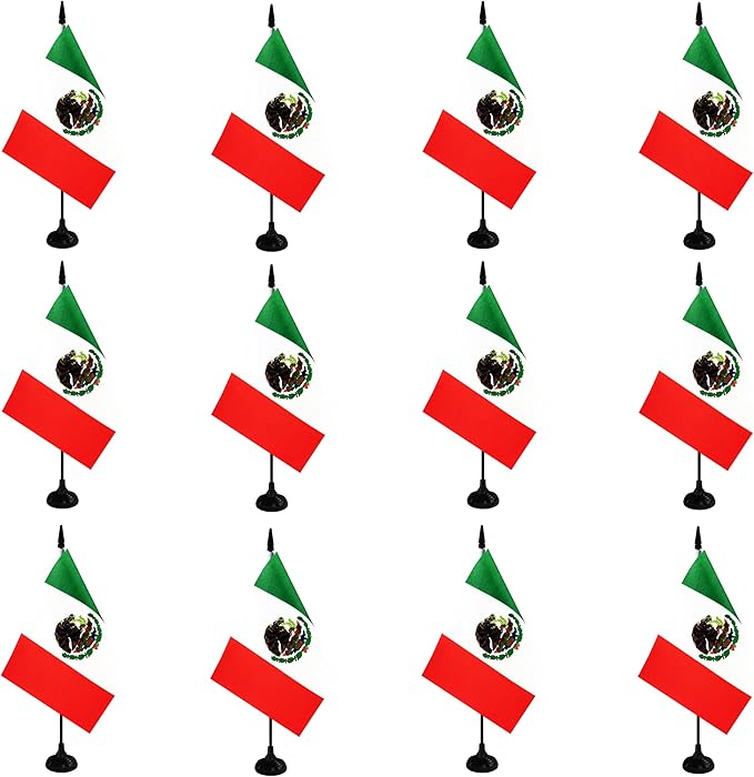 Mexico Desk Flag, 12 Pack Mexican Table Office Flag with Black Solid Pole and Stand Base, International Country Flag, Festival Celebration, Classroom Meeting Desktop Decor (Mexico)