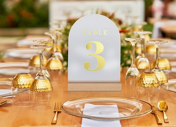 Wedding Table Numbers 1-25, Acrylic Arch Signs with Natural Wood Stands Holders, Rustic Table Decor for Reception & Parties (Frosted Gold)
