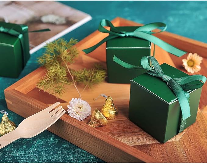 AWELL Dark Green Gift Candy Box Bulk 2x2x2 inches with Green Ribbon Party Favor Box,Pack of 50