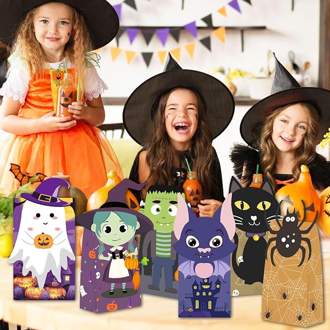Tikitup Halloween Treat Bags-24pcs Trick or Treat Goody Bags with 24pcs Stickers,Mini Paper Gift Bags for Treats Snacks, Goodie Bags Party Supplies, Holiday Pastries Supplies