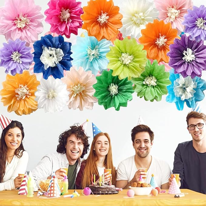 12pcs 10in 12in Paper Pom Poms Hanging Paper Flowers Wall Backdrop Wedding Party Flower Decorations DIY Art Craft Blooms for Birthday Baby Shower Decor White Red Black