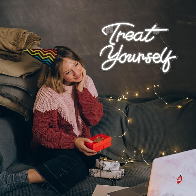Treat Yourself Neon Signs White Led Sign for Bedroom Wall Letter Neon Lights Wedding Signs Neon Room Decor for Birthday Gift Party Home Decor Bar