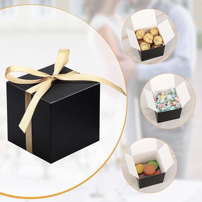 EUSOAR Candy Boxes Party Favors, 30pcs 3x3x3 Inches Black Gift Boxes Mini Bakery Cookies Box with Gold Ribbon, Square Paper Chocolate Containers for Wedding Birthday Bridal Party Favor Decoration
