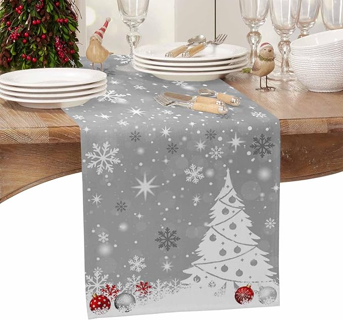 Christmas Snowflakes Cotton Linen Table Runner for Dining Kitchen, Xmas Tree Snow Winter Wedding Outdoor Party Tablerunners Decoration, Grey Balls Dresser Scarf Coffee Tablecloth Runners 13x108 Inches