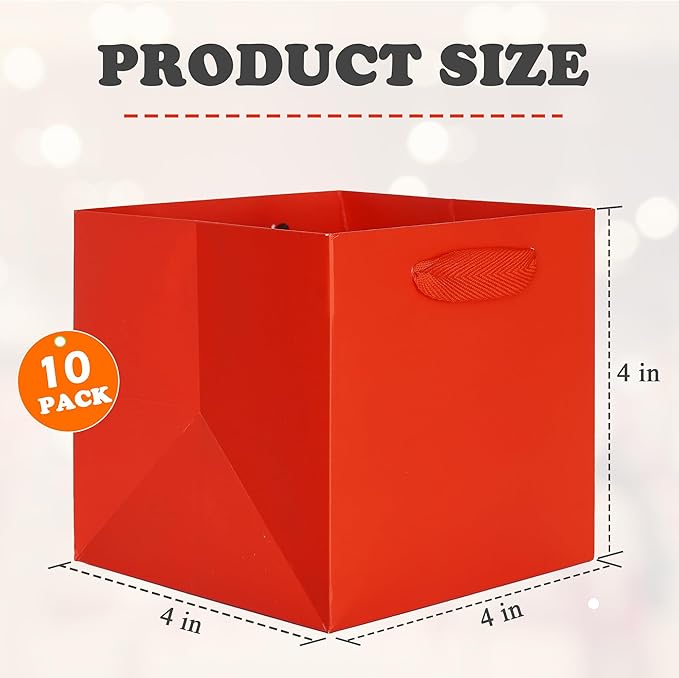 ADIDO EVA Red Square Gift Bags Mini Size Square Bottom Paper Bags with Handles for Party Favor (4x4x4 In, 10 CT)