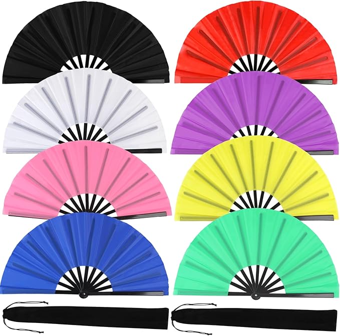 8 Pack Large Folding Hand Fans for Women/Men, Kungfu Taichi Rave Folding Fan with Bag, Large Popping Clacking Fans for Line Dancing, Concert, Party, Festival, Home Decorations(8 Colors)