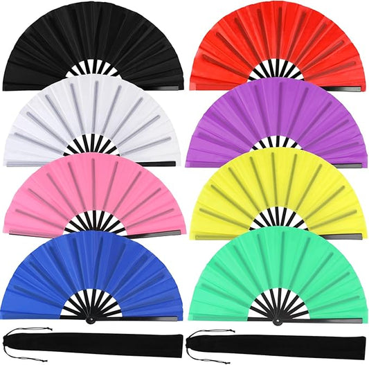 8 Pack Large Folding Hand Fans for Women/Men, Kungfu Taichi Rave Folding Fan with Bag, Large Popping Clacking Fans for Line Dancing, Concert, Party, Festival, Home Decorations(8 Colors)