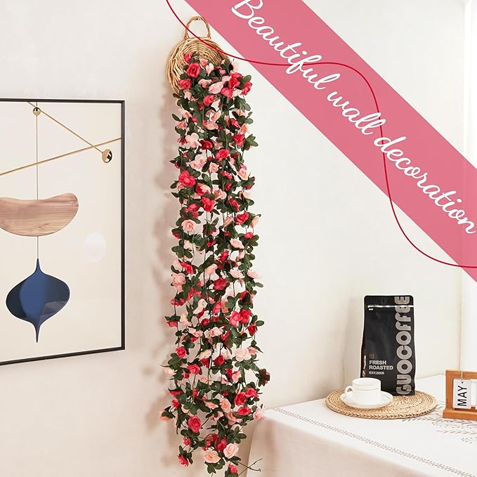 8 Pcs 65.6 Ft Flower Garland Rose Vines, Pink Rose Garland for Decoration, Flower Vine for Room Table Birthday Wedding Party Garden Wall Decor