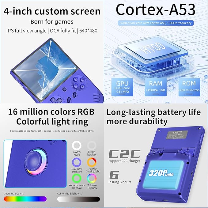 RG40XX V Handheld Game Consoles RG40XXV Retro Game Console Built-in 64G TF Card Preloaded Games 5000+ RG 40XXV Portable Gaming Console Linux 64-bit Supports WiFi Bluetooth HD Output Blue