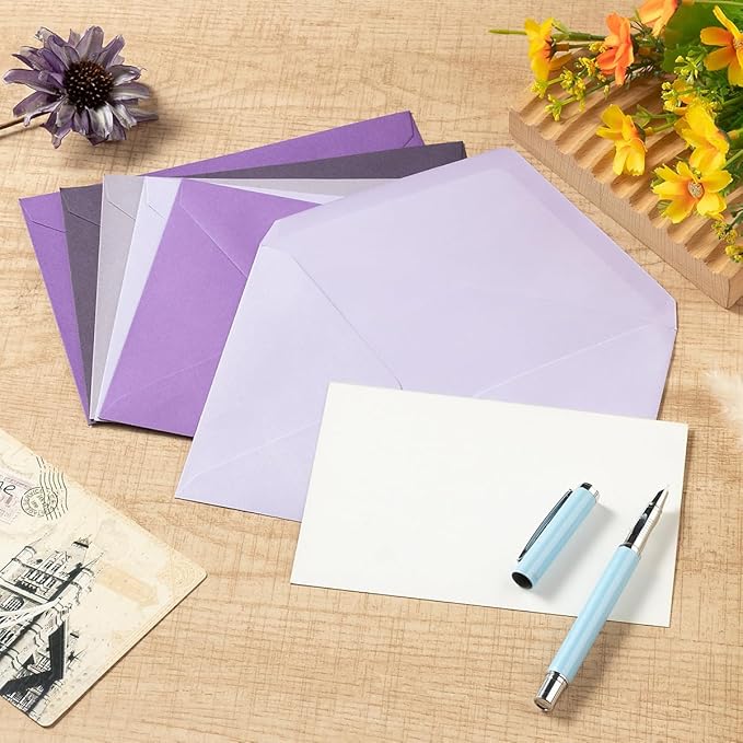 50 Pack Colored A7 Invitation Envelopes 5x7 with Gold Stickers for Cards and Invitations, 5 Colors (Purple, 5 1/4 x 7 1/4 inches)
