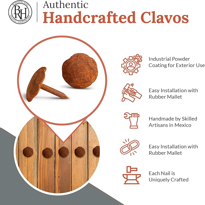 10 Pack 0.75" Round Head Iron Clavos Decorative Nails – Rusted – Handmade Rustic Round Fasteners for Farmhouse Shutters, Faux Wood Beams, Barn Doors, Shutters, Gates – Ornamental Wood Accent
