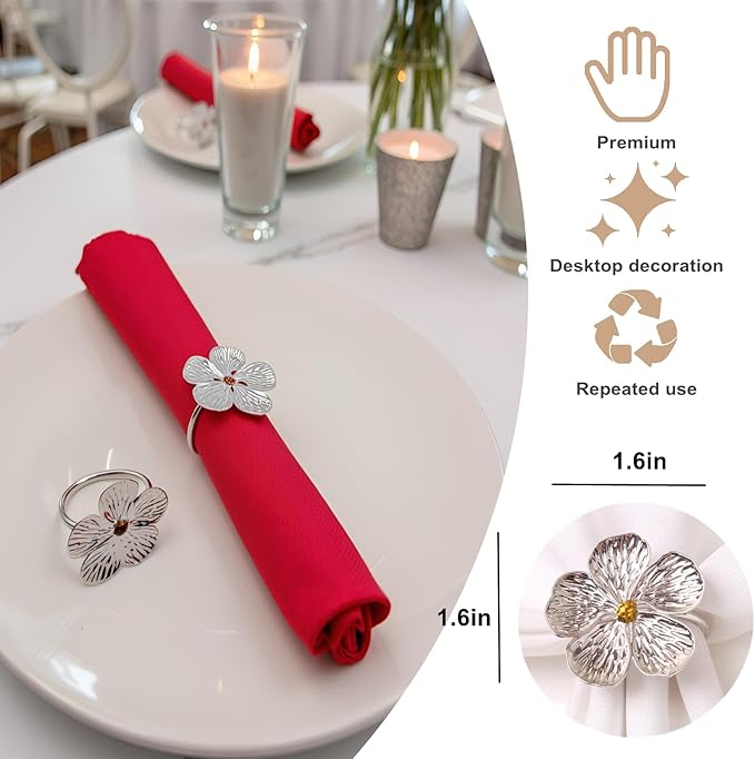 Flower Napkin Rings Set of 50, Plum Blossom Napkin Ring Silver Floral Holder for Wedding Season Banquet Party Décor Holiday Dinner Delicate Serviette Buckles Table Setting (Silver 50)