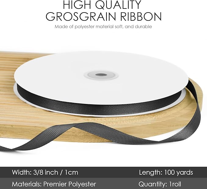 100 Yards 3/8 inch Grosgrain Ribbon, Solid Color Fabric Ribbon Perfect for Gift Wrapping, Wedding, Handmade Bows, Floral Bouquets and Party Decoration(Black)