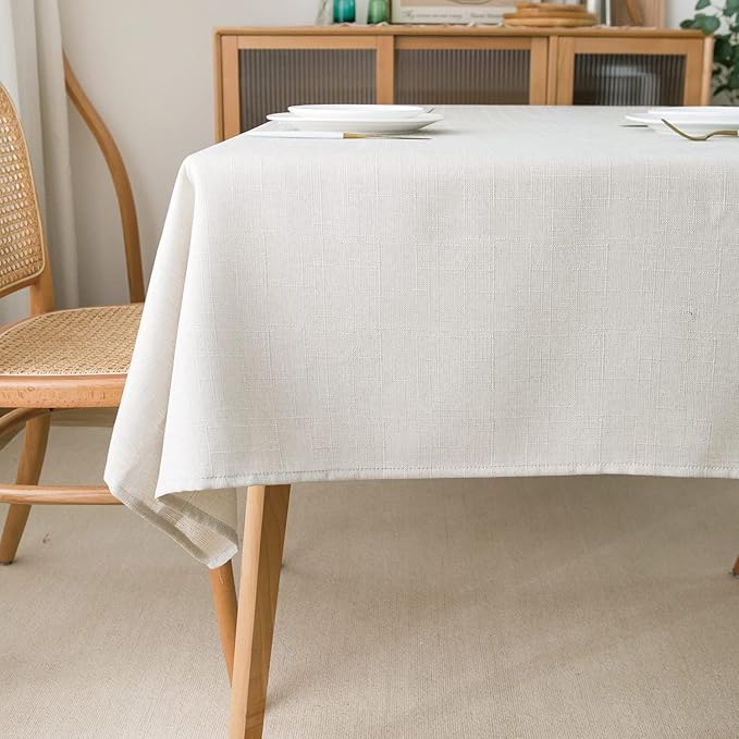 NLMUVW Linen Tablecloth for Rectangle Tables, Water Resistant Textured Farmhouse Tablecloth Stain Resistant Decorative Table Cover for Indoor and Outdoor, 54 x 102 Inch, White