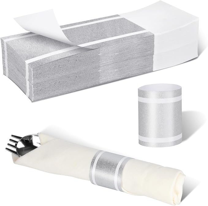 Germiwipe Standard Paper Napkin Band, 200PCS Matte Silver Napkin Ring Self-Adhesive, Silverware Wraps Bands,Table Setup Wedding Event Party Supply (Matte Silver /200pcs)