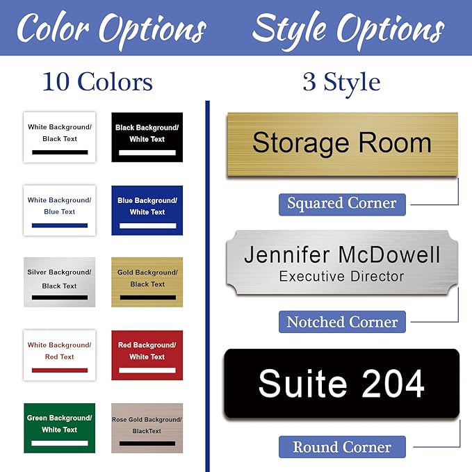 Custom Office Engraved Name Plate for Door or Wall Sign, Personalized Door Name Plate for Office with Adhesive, Laser Engraving, 10 Colors Available, 3 Styles (2" x 10")