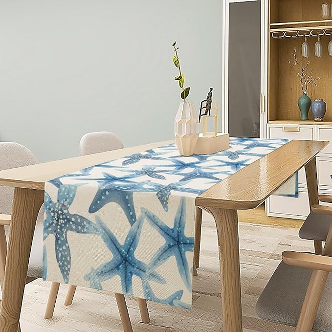 Starfish Plaid Table Flag Green Plaid and Marine Life Starfish Kitchen Table Flag Suitable for Birthday Party Restaurant Decoration Outdoor Picnic 13 * 120 Inch