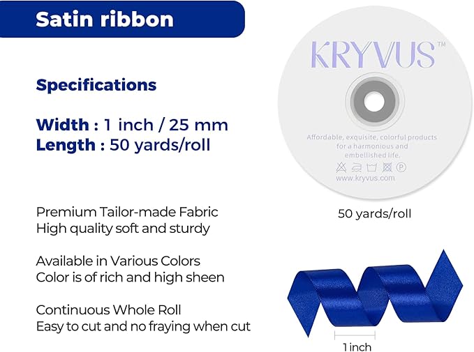 Royal Blue Satin Ribbon 1 inch X Continuous 50 Yards, Single Face Polyester Ribbon Perfect for Gift Wrapping, Flower Bouquet, Wedding Decor, Crafts, Bow Making, Sewing and More