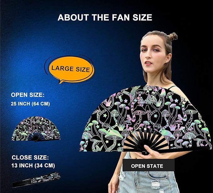 Amajiji Large Rave Folding Hand Fan Clacking Fans for Line Dancing Clap Fan for Boots On The Ground Dance,Party,Decoration,Festival (Mushroom)