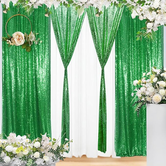 Eternal Beauty 4 PCS Sequin Backdrop Curtain, Sequin Wedding Backdrop for Christmas Party, Birthday (Green 2FTx8FT)
