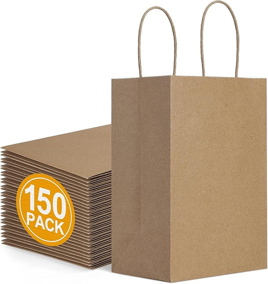 BagDream 150 Pack Small Gift Bags Bulk 5.25x3x8 Inch Natural Kraft Paper Gift Bags with Handles Shopping Merchandise Retail Business Wholesale Birthday Party Favors Bags Brown Paper Sacks