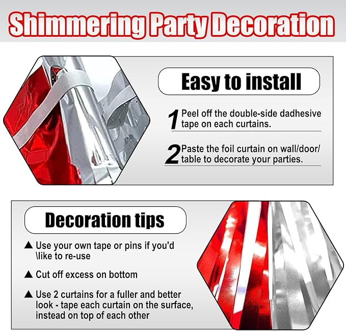6 Pack Red Silver Foil Fringe Curtain Backdrop, 3.28Ft x 8.2Ft Metallic Tinsel Foil Fringe Streamer Curtains for Photo Booth, Birthday, Wedding, New Year Party Decorations
