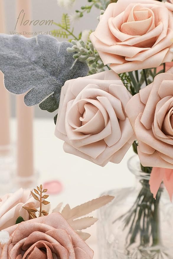 Floroom Artificial Flowers 25pcs Real Looking Warm Taupe & Nude Foam Fake Roses with Stems for DIY Wedding Bouquets Bridal Shower Centerpieces Floral Arrangements Party Tables Home Decorations