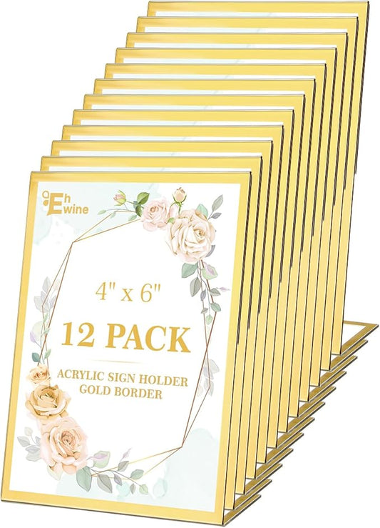 EHWINE 12 Pack Acrylic Sign Holder 4 x 6, Gold Picture Frame Stand up Table Top Sign Holders, Slanted Back Paper Holder Clear Display Stand Menu Flyer Holder for Wedding Party