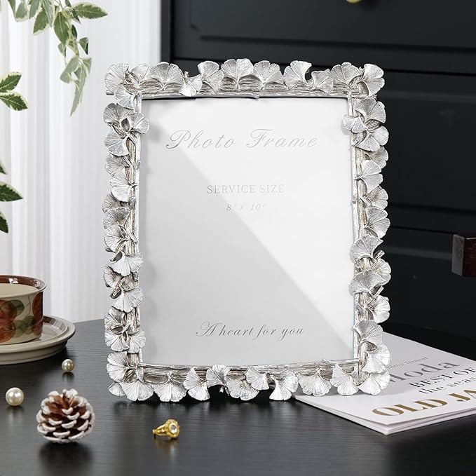 Cuspin Silver 8x10 Picture Frame, Vintage Silver Ornate Leaf Textured Hand-Crafted Resin with Glass Front Antique Photo Frame for Tabletop Display, Retro Design Home Decor