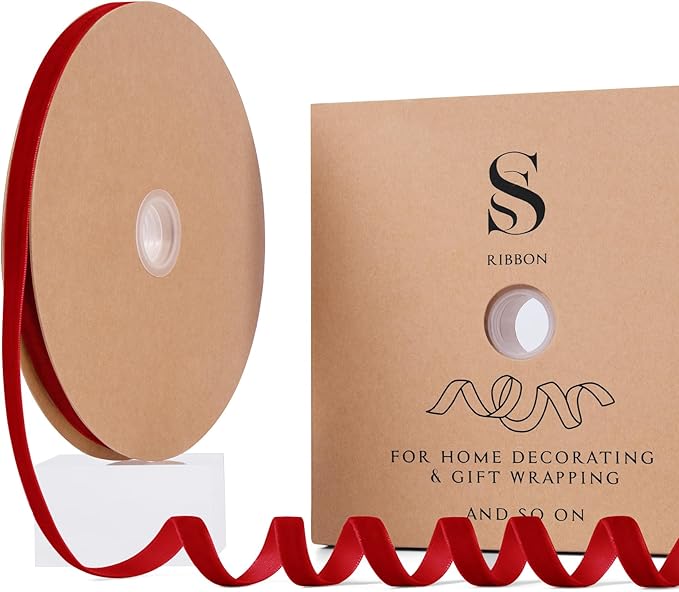 Red Christmas Velvet Ribbon for Tree, Gift Wrapping, Flower Bouquet, Wreath Decorations, Bow Making 3/8'', 25 Yards