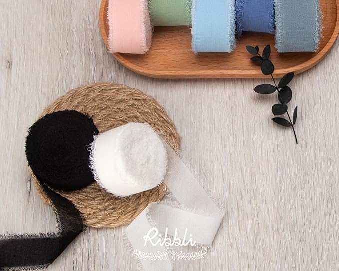 Ribbli Black Ribbon 1 Inch x 3 Rolls Total 24 Yards Handmade Fringe Chiffon Silk Ribbon for Wrapping Wedding Invitations Bridal Bouquets DIY Crafts Home Decor