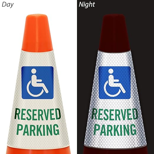 SmartSign “Reserved Parking with Handicapped Symbol” Bright Reflective Cone Message Sleeve, [Cone Not Included]