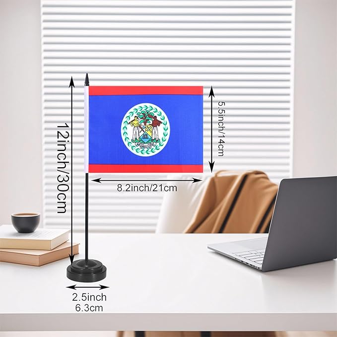 Belize Desk Flag 12" Solid Pole Deluxe Set Belizeans Flags Banner Mini Small Belize Office Table Flags with Black Stand Base Desktop Decorations(2Pack)