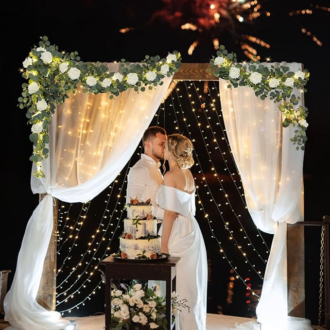 MACTING 6.6FT Flower Garland with Lights Fake Gypsophila Eucalyptus Garland with 12 White Roses Artificial Floral Greenery Vine for Wedding Arch Table Centerpieces Backdrop Party Summer Decorations