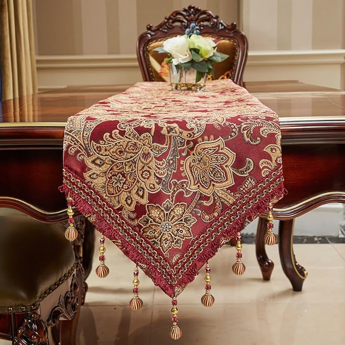 Luxury Vintage Table Runners 72 inches Long Embroidery Jacquard Fabric with Multi-Tassels Table Runners for Dining Room Dresser Wedding Christmas Thanksgiving Party Decorations (Red, 12X72inch)