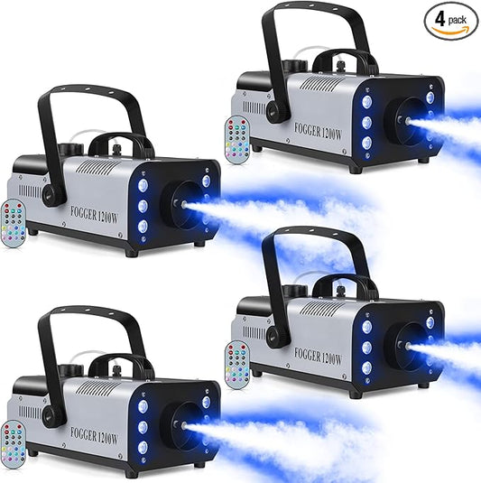 1200W RGB Fog Machine, 6 Colorful LED Lights for Smoke Machine Indoor/Outdoor Use, Perfect for Halloween Parties, Weddings, and Stage Effects 4PC