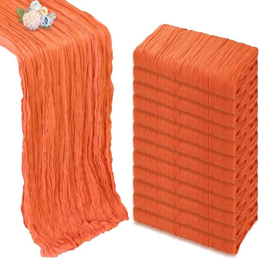 12 Pack Fall Thanksgiving Table Runner Orange 10ft Boho Gauze Fabric Cheesecloth Table Runner 35 x 120 Inch Rustic Sheer Runner for Wedding Home Décor Halloween Party Table Centerpiece Decorations